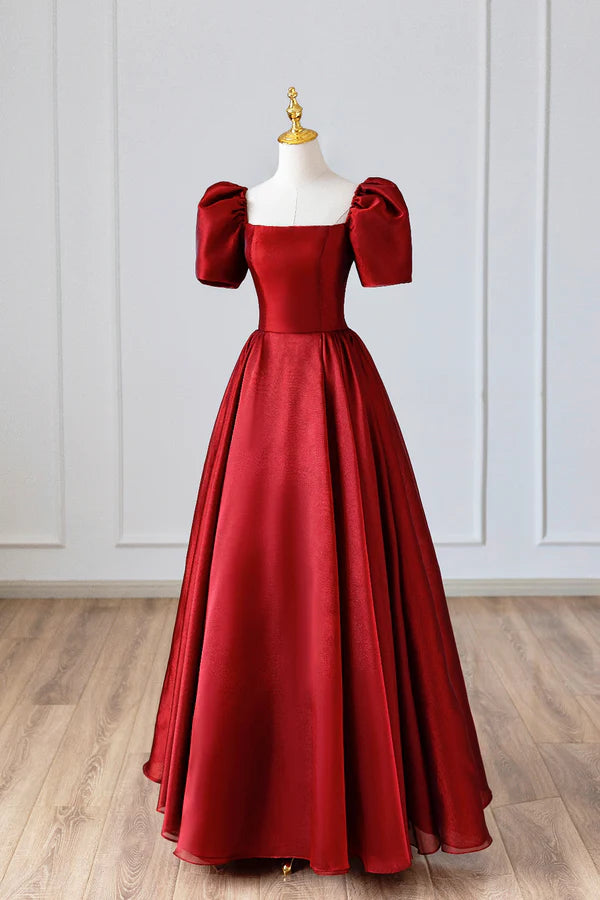 Wholesale Burgundy Satin Long Prom Dress Simple A-Line Short Sleeve Evening Dress